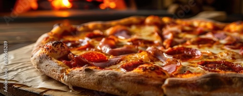 Freshly baked pepperoni pizza with melted cheese in a rustic wood-fired oven setting  perfect for food and restaurant themes.