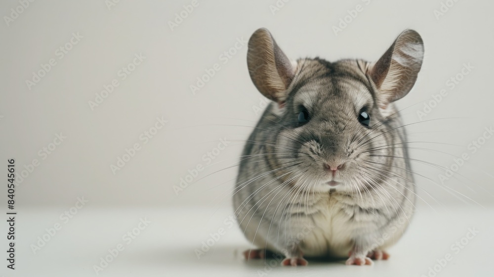 A close-up portrait of a gray chinchilla with large ears and whiskers. The chinchilla is sitting on a white surface and looking directly at the camera.