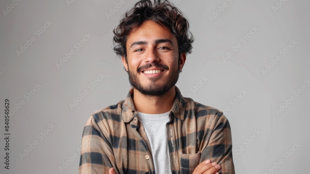 The right-handed hispanic man is standing over a white background smiling and crossing his arms with his back to the camera with crossed arms. The right-handed hispanic man is standing over a white background smiling and crossing his arms with his back to the camera with crossed arms.