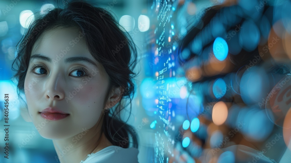 A beautiful Asian woman wearing glasses is looking at the holographic wall beside her. The holographic light with blue and red colors reflecting on her glasses points out the beauty of the technology. A beautiful Asian woman wearing glasses is looking at the holographic wall beside her. The holographic light with blue and red colors reflecting on her glasses points out the beauty of the technology.