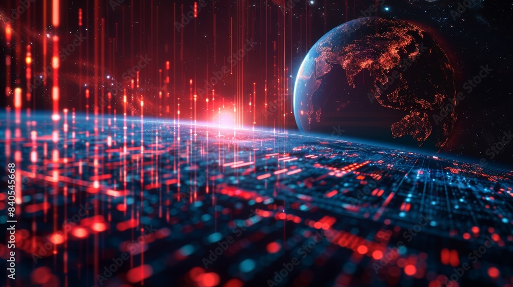 Fototapeta premium The planet Earth is holographically portrayed with a glowing modern chart of investment financial data. Stocks rise as the candlesticks appear.