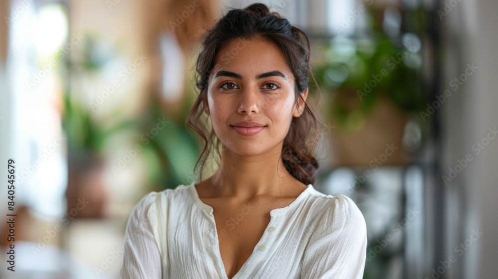 Young Indian woman poses confidently in her own new apartment or house. Portrait of millennial mixed race woman looking at camera. Young Indian woman poses confidently in her own new apartment or house. Portrait of millennial mixed race woman looking at camera.
