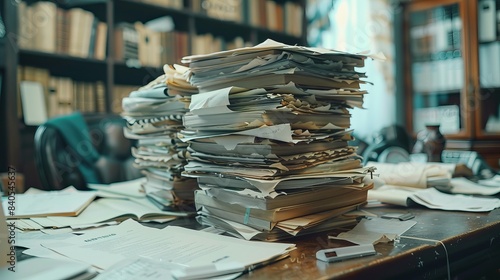 Bureaucrats hard at work on a desk with stacks of papers and balance sheets. Generative artificial intelligence photo