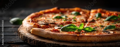 Delicious margherita pizza with fresh basil leaves and melted cheese  served on a rustic wooden board. Perfect for food and restaurant visuals.