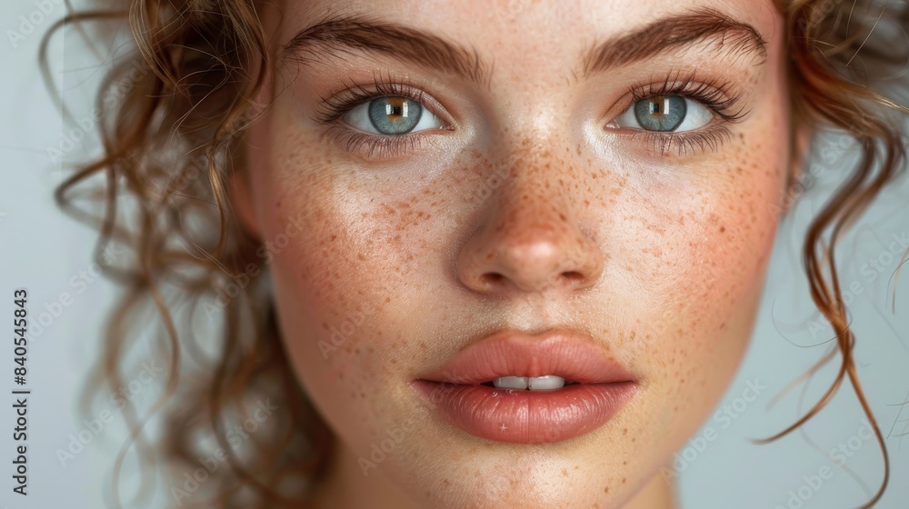 In a gray studio, a model demonstrates skincare and beauty In a gray studio, a model demonstrates skincare and beauty