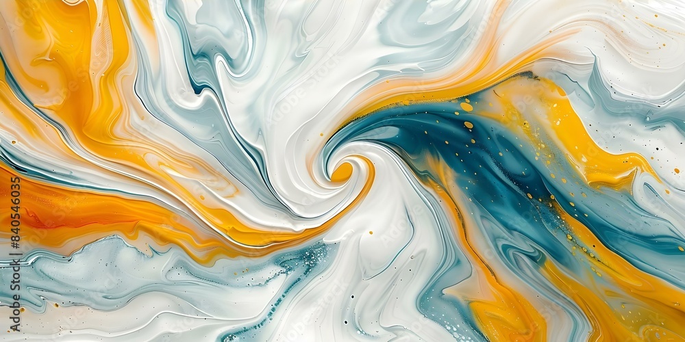 Energetic Abstract Painting with White, Yellow, and Blue Swirls. Concept Abstract Art, Painting, Energetic Colors, Swirl Patterns, Artistic Expression