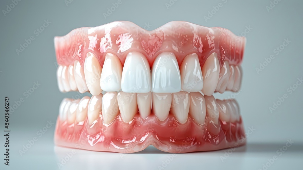 Obraz premium In studio teeth whitening with a model woman on a gray background. Dentist.