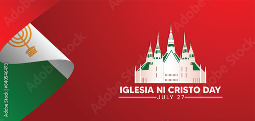 Iglesia ni Cristo Day 27 july waving flag ribbon with church vector poster