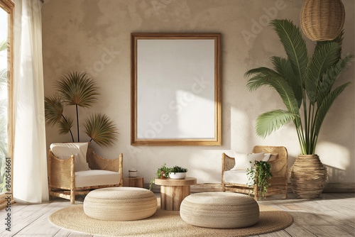 Mockup frame in a boho nomadic interior background with rural decorations