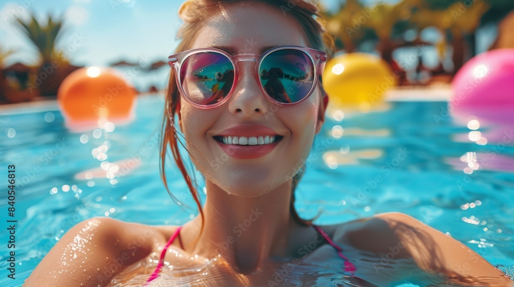 Naklejka premium During summer time, a woman wears sunglasses at a colorful pool party