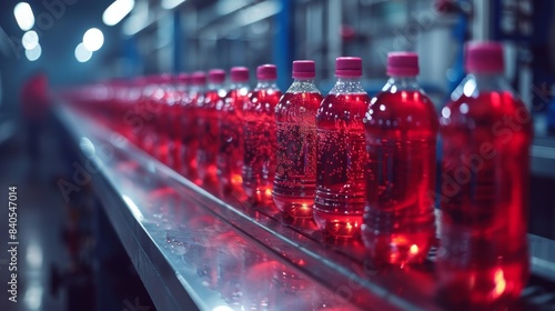 Bottlers filling plastic bottles with beverages in a factory lit by natural light photo