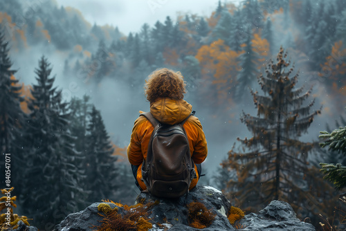 Eine Frau rastet während einer Wanderung an einem Aussichtspunkt. Sie sitzt auf einem Fels und betrachtet bei leichtem Schneefall die herbstliche Waldlandschaft. KI generiert photo