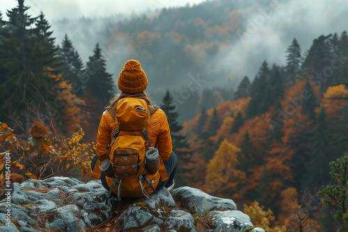 Eine Frau rastet während einer Wanderung an einem Aussichtspunkt. Sie sitzt auf einem Fels und betrachtet die herbstliche Waldlandschaft. KI generiert photo