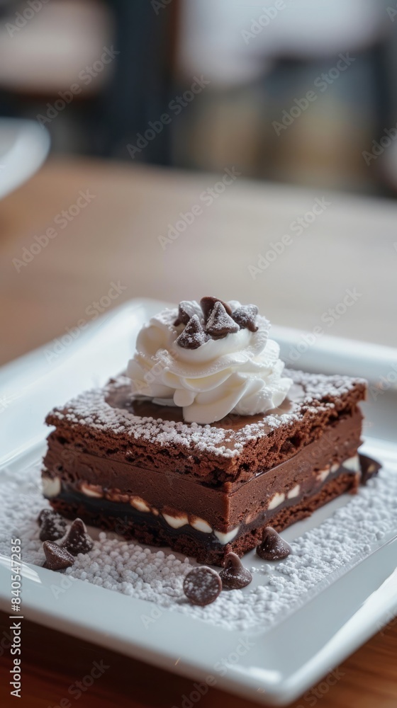 Brownie stuffed with chocolate chips and with white whipped cream on top Brownie stuffed with chocolate chips and with white whipped cream on top