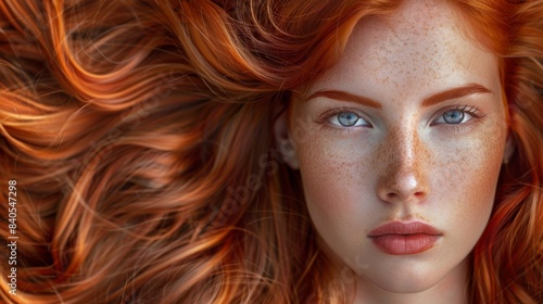 An isolated woman with coppery hair and a hint of copper glow