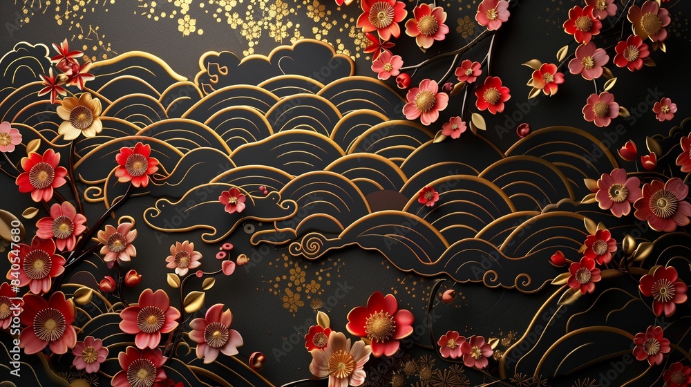 Volumetric Japanese patterns with gold elements and flowers. Volumetric Japanese patterns with gold elements and flowers.