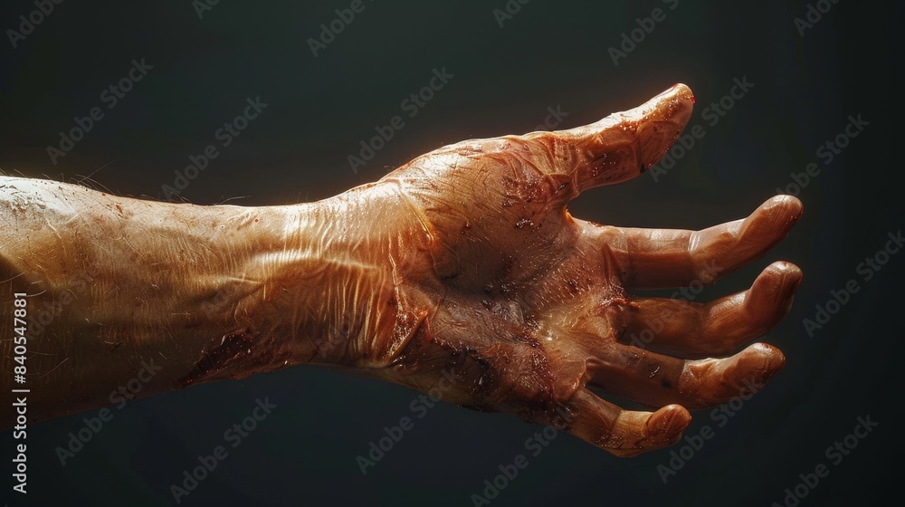 A hand with a fist clenched and a lot of blood on it A hand with a fist clenched and a lot of blood on it