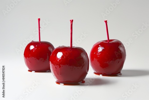 Realistic photograph of a complete Candy apples,solid stark white background, focused lighting photo