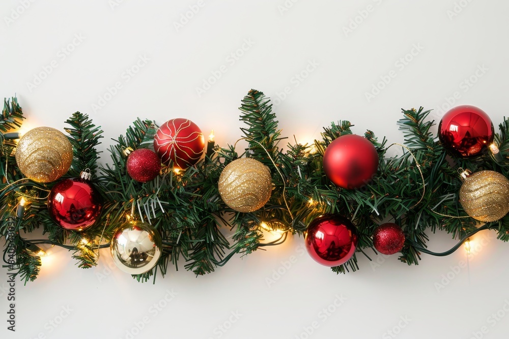 Realistic photograph of a complete Christmas garlands,solid stark white background, focused lighting Realistic photograph of a complete Christmas garlands,solid stark white background, focused lighting
