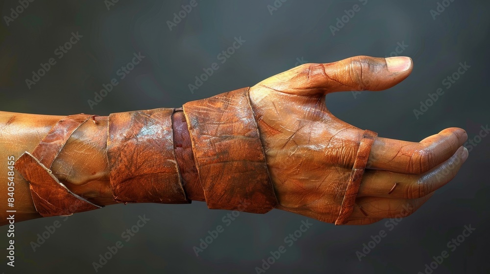 A hand with a bandaged arm and a bandage wrapped around the wrist A hand with a bandaged arm and a bandage wrapped around the wrist