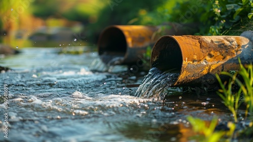Water pollution by industry - sewage pipe dumping dirty water into river photo