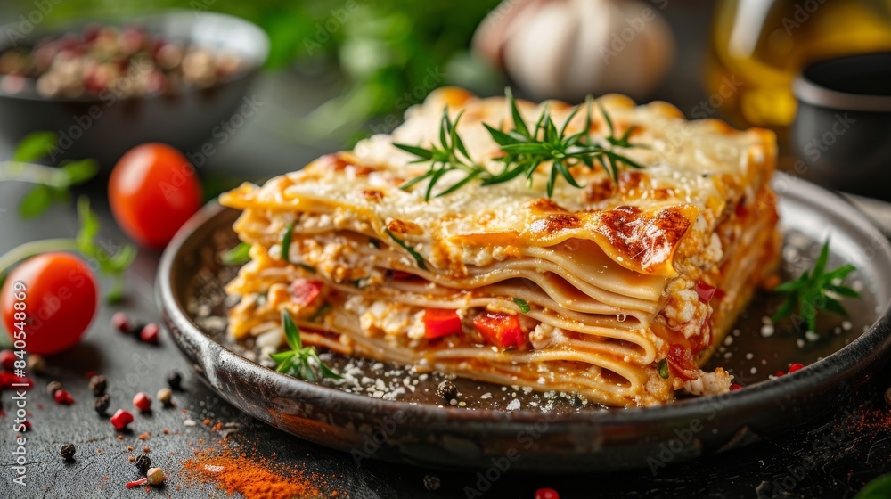 An Italian traditional dish made of layers of pasta and vegetables called veggie lasagna is shown on a table An Italian traditional dish made of layers of pasta and vegetables called veggie lasagna is shown on a table