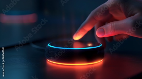 Hand Activating Voice Commands on Futuristic Smart Home Assistant Device photo