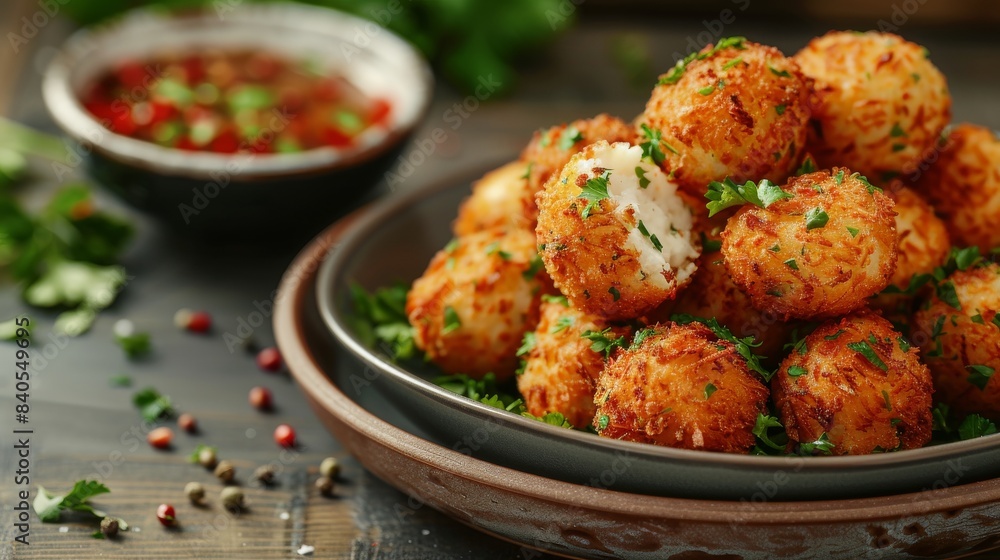 The food photography shows a plate of crisp cheese croquettes The food photography shows a plate of crisp cheese croquettes