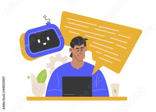 The guy makes a prompt to the neural network and receives a response. Using a chat bot and artificial intelligence in learning, work, searching and analyzing information. Vector flat illustration.