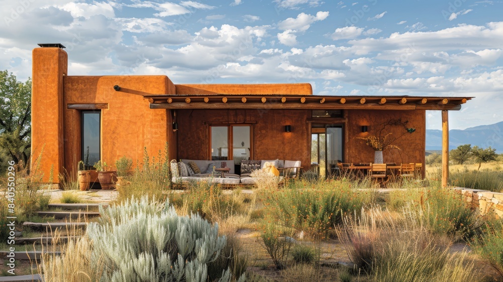 Fototapeta premium This is a one-story house built from sun-dried clay bricks, with flat roofs and earth-toned exteriors