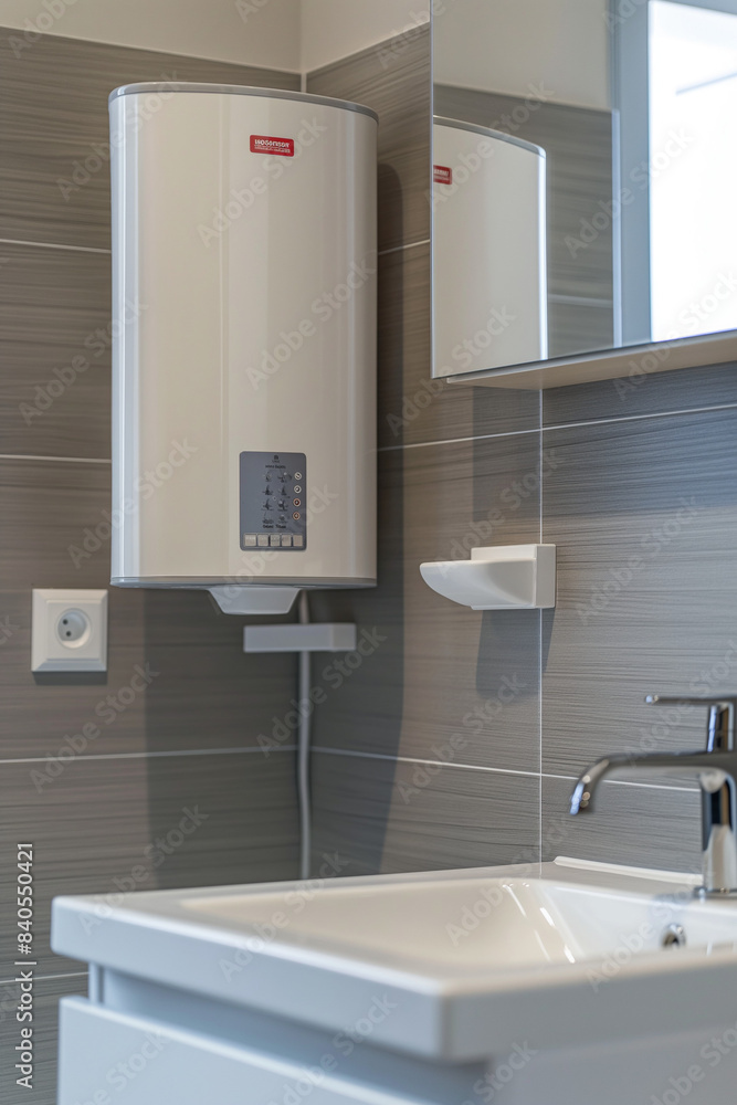 Closeup water heater in a modern bathroom with mirror and washbasin sink