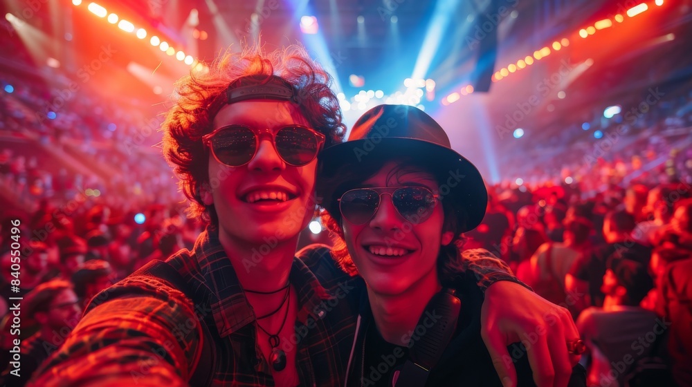 An indoor giant arena concert selfie of two young friends An indoor giant arena concert selfie of two young friends