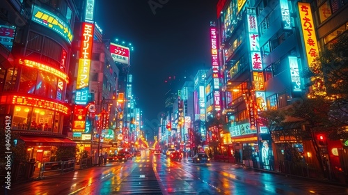 Japan city street at night. neon lights and billboards 