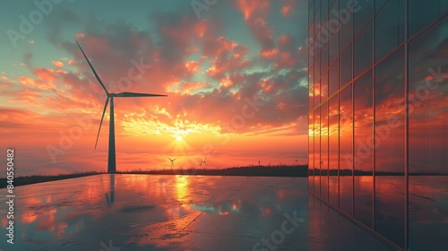 An image of a windmill wind turbine and a solar cell panel with the sun setting, representing renewable electricity energy photo
