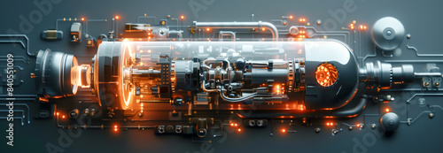 Abstract illustration of engine on the futuristic background. Innovation and technical progress concept.