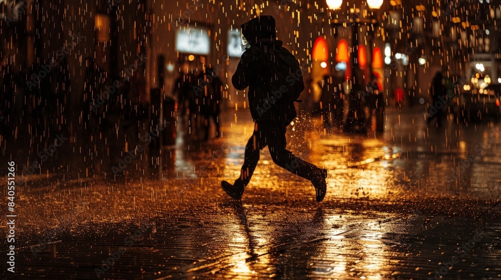 A mysterious silhouette of a person fleeing a scene in a rainy urban setting, capturing a sense of urgency and intrigue. A mysterious silhouette of a person fleeing a scene in a rainy urban setting, capturing a sense of urgency and intrigue.