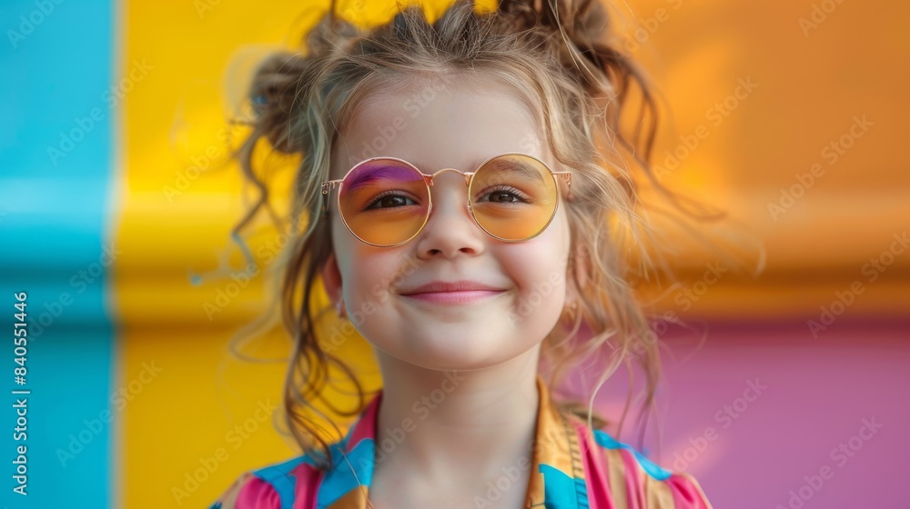 Photo of a happy 8-year-old Caucasian girl dressed in colorful clothes posing against a bright background Photo of a happy 8-year-old Caucasian girl dressed in colorful clothes posing against a bright background