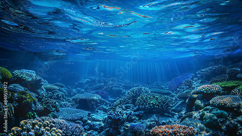 coral blue water in the ocean  oceanic view  underwater life scene  coral blue background