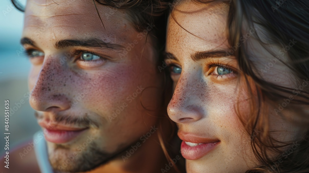 Beautiful young French couple in love with closeups showing details of their faces. Beautiful young French couple in love with closeups showing details of their faces.