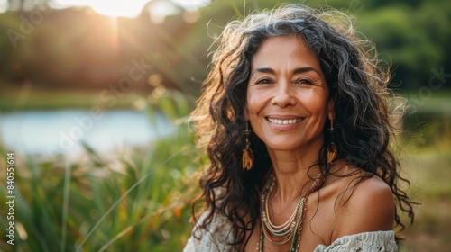 A 50-year-old Latina who exudes happiness and a sense of being truly alive in a beautiful natural park near a lake, she smiles genuine smile on her face, and she is confident and relaxed.