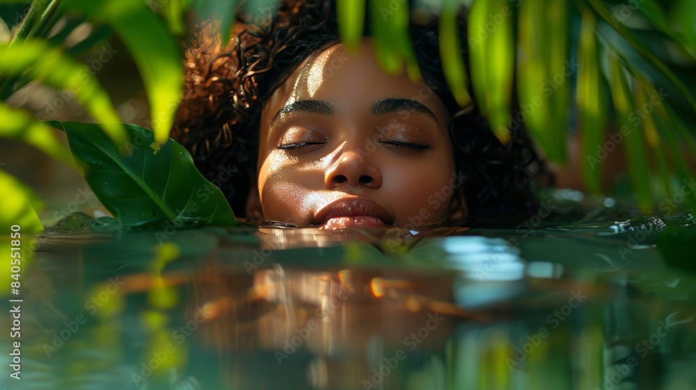 An exotic black african-american girl emerges from pound water with lush vegetation and beautiful lighting to reveal the details of her face in this luxurious setting An exotic black african-american girl emerges from pound water with lush vegetation and beautiful lighting to reveal the details of her face in this luxurious setting