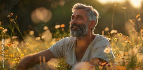 Mature Man Smiling in a Field of Wildflowers at Sunset
