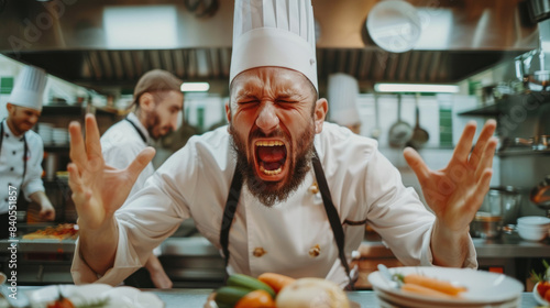 Angry chef yelling at his colleagues. Heavy stress, work against the clock
