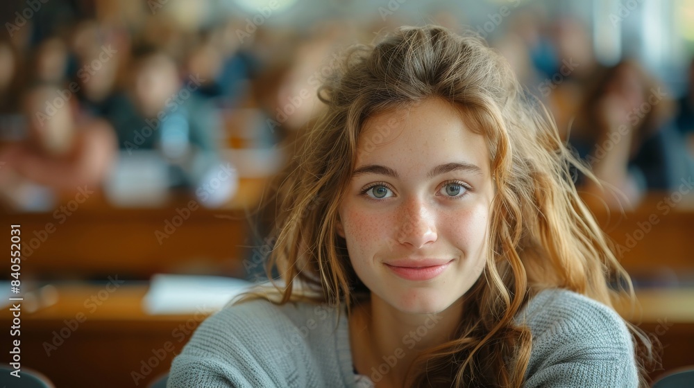 In a lecture hall of a college, a French caucasian female student is smiling and relaxed In a lecture hall of a college, a French caucasian female student is smiling and relaxed
