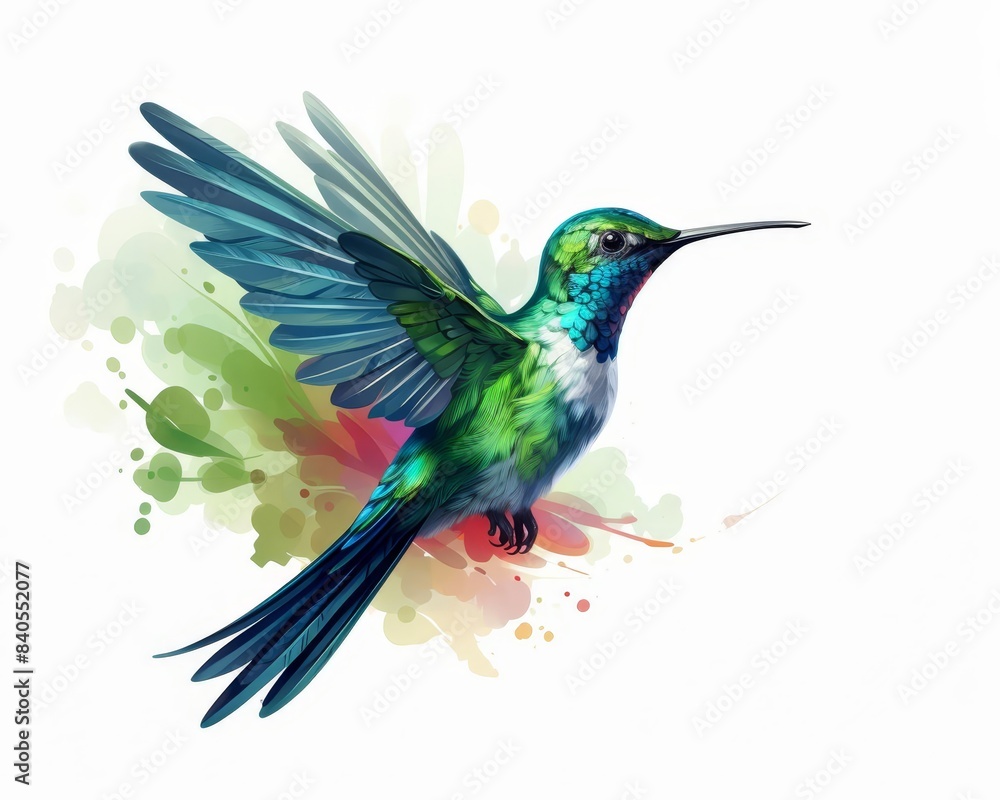 Fototapeta premium Hummingbird pollinators flat design, side view, wildlife theme, watercolor, monochromatic color scheme