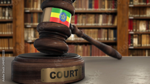 Ethiopia Flag on Judge Gavel or Hammer in Court with Word Court 3D Illustration