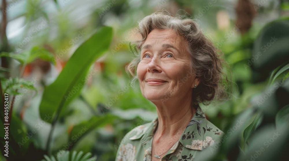 Woman in a botanical garden, smiling and enjoying the greenery around her, showing how much she enjoys her surroundings Woman in a botanical garden, smiling and enjoying the greenery around her, showing how much she enjoys her surroundings