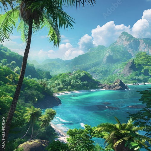 A breathtaking tropical beach scene featuring lush green mountains  swaying palm trees