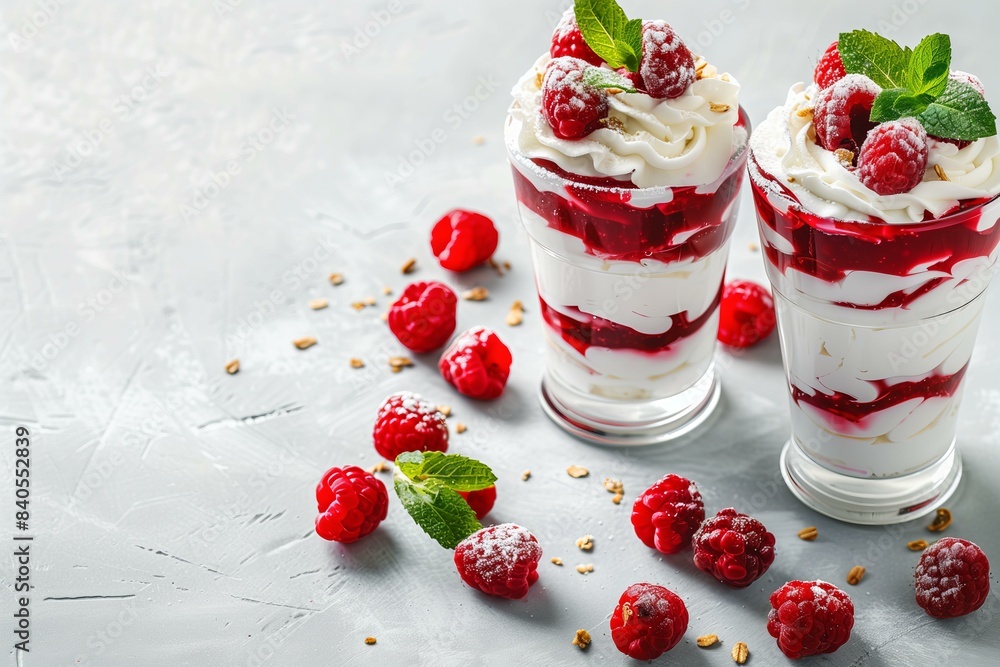 two parfait glasses filled with layers of cream and raspberry sauce, garnished with fresh raspberries and mint, clean white background with scattered raspberries two parfait glasses filled with layers of cream and raspberry sauce, garnished with fresh raspberries and mint, clean white background with scattered raspberries