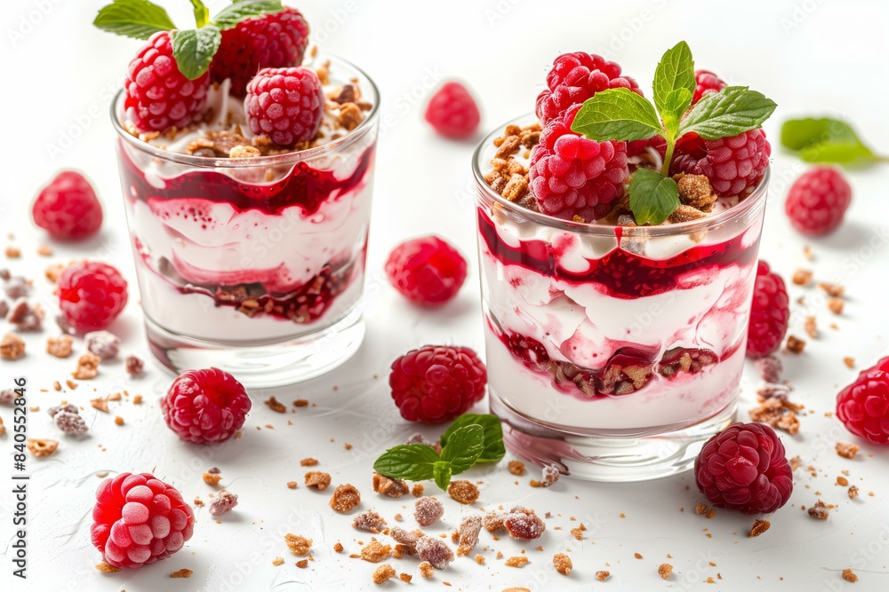 two parfait glasses filled with layers of cream and raspberry sauce, garnished with fresh raspberries and mint, clean white background with scattered raspberries two parfait glasses filled with layers of cream and raspberry sauce, garnished with fresh raspberries and mint, clean white background with scattered raspberries